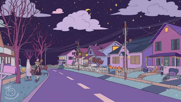 Recovered artwork depicting a Halloween-themed street scene